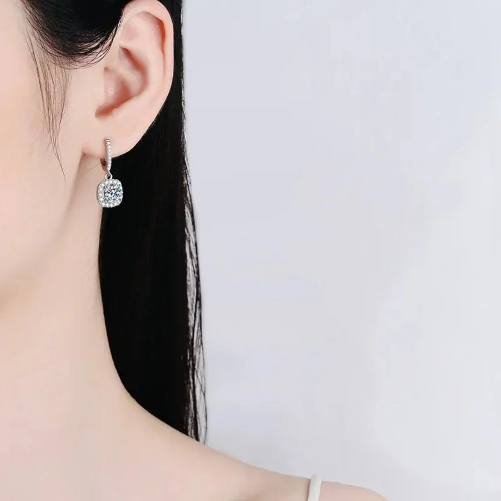 Certified 2ct. t.w. Moissanite Diamond Cushion Halo Drop Hoop Earrings NEW - Picture 3 of 12